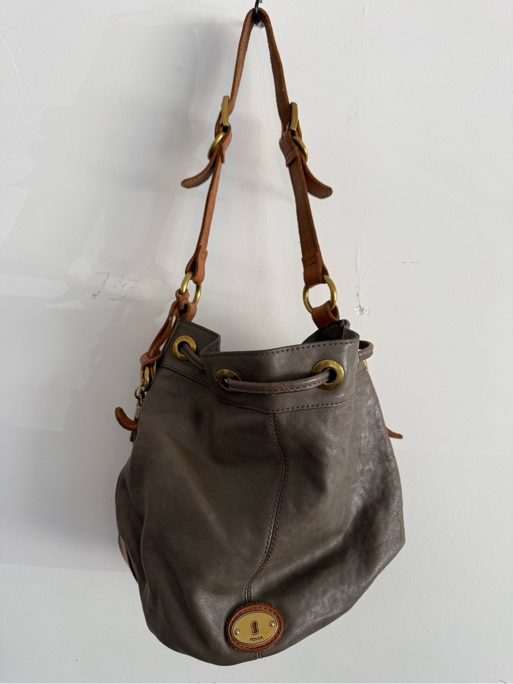 Fossil Gray Leather Drawstring Bucket Shoulder Bag with Tan Strap